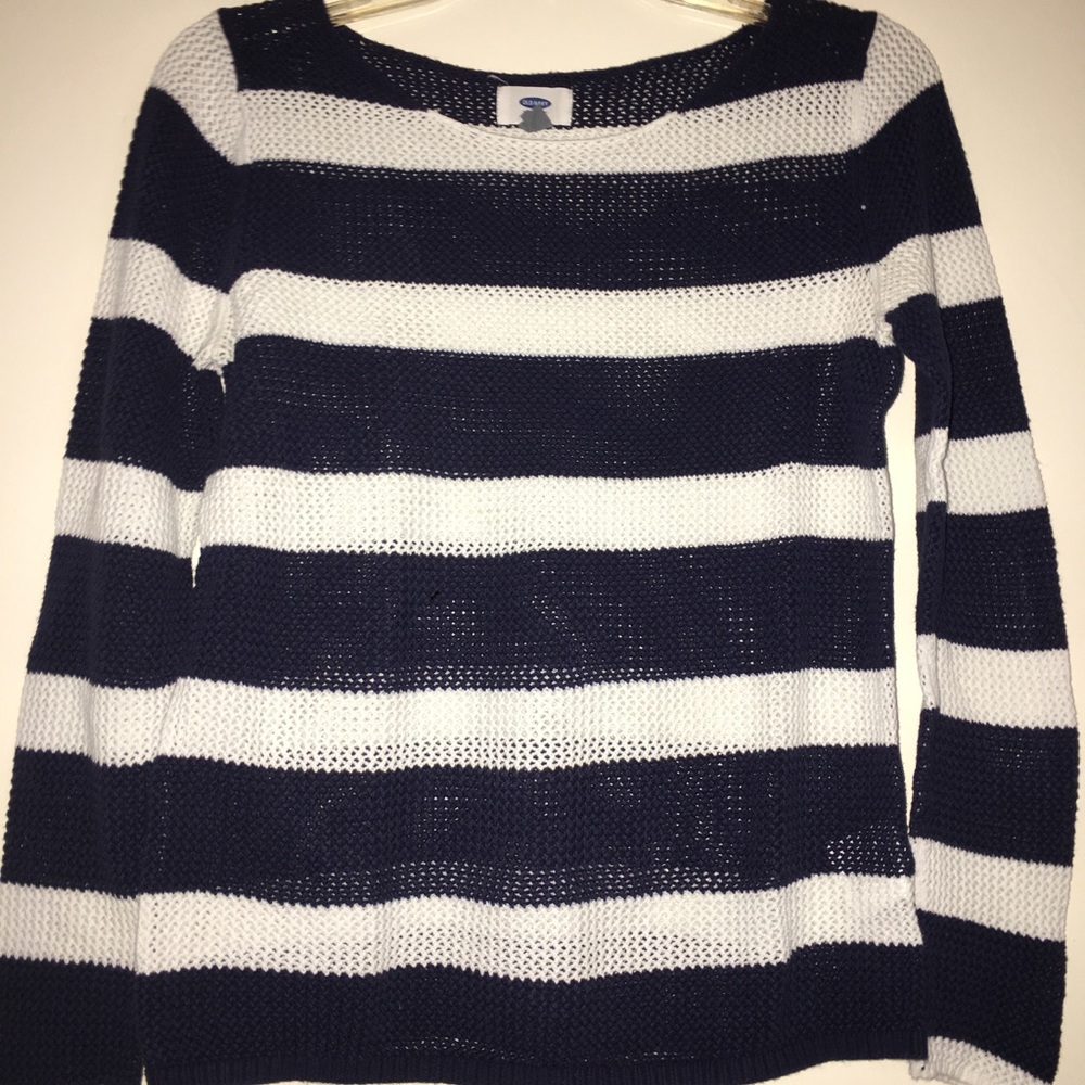 blue & white striped knit pullover